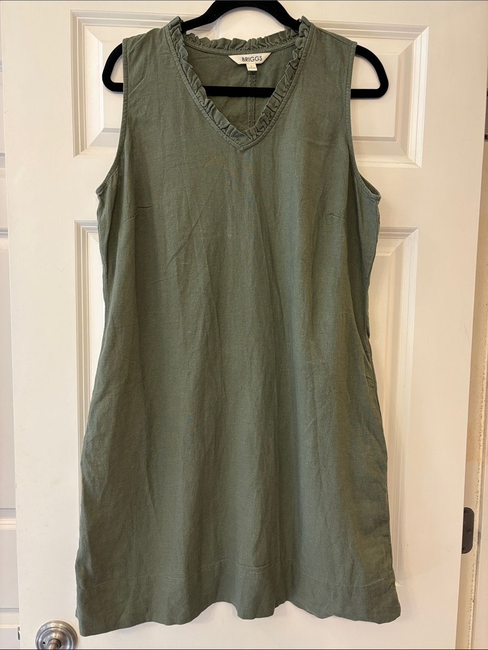 Linen Blend Olive Green Ruffle Neck Shift Dress With Pockets Size L